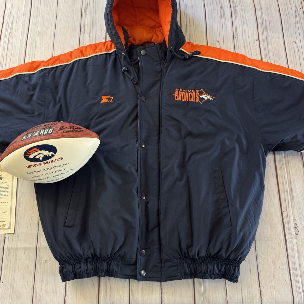 Vintage Starter Denver Broncos Jacket XL + Super Bowl XXXIII Football COA Korea - Picture 2 of 12